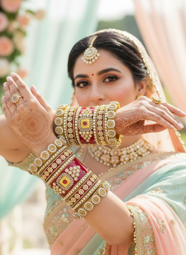Premium Bridal Chooda Set | Red & Gold Kundan Pearl Work Wedding Bangles
